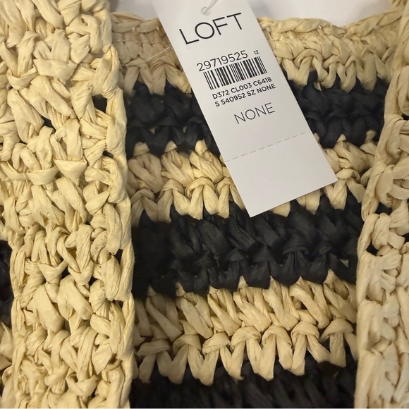 LOFT Straw Striped Black and Cream Tote Bag Snap Close New With Tags - Picture 3 of 6